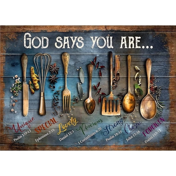 Vintage kitchenware canvas poster with proverbs from the Bible, framed inside. Suitable for kitchen countertops/dining room walls for a warm, faith-themed decoration. 16x12in