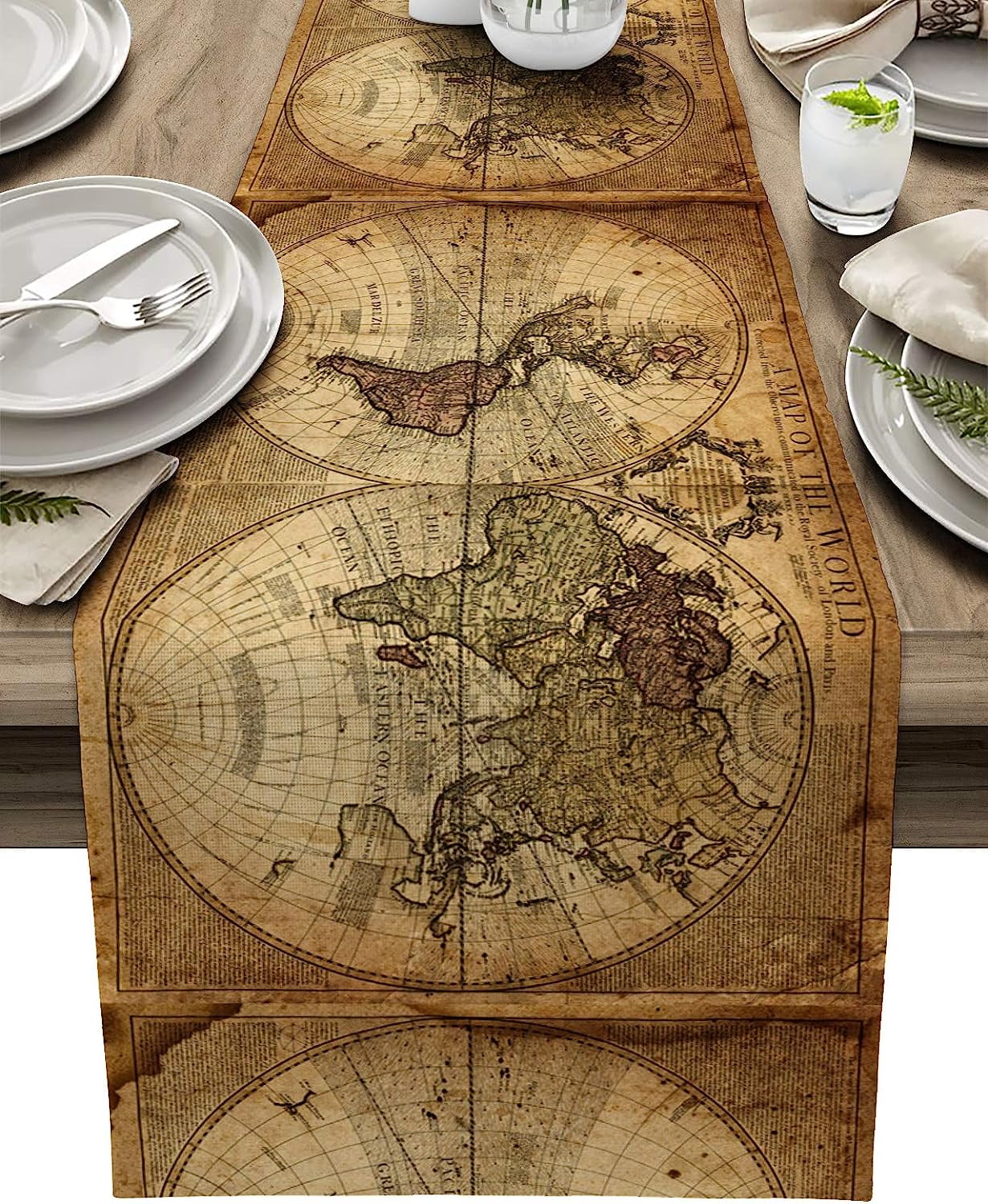 Vintage l Distressed Map Rectangle Table Runner for Kitchen Table r ...