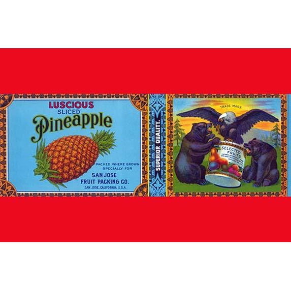 Vintage label for pineapple grown in San Jose, California with a bald eagle and two bears. Poster Print by unknown (18 x 24)