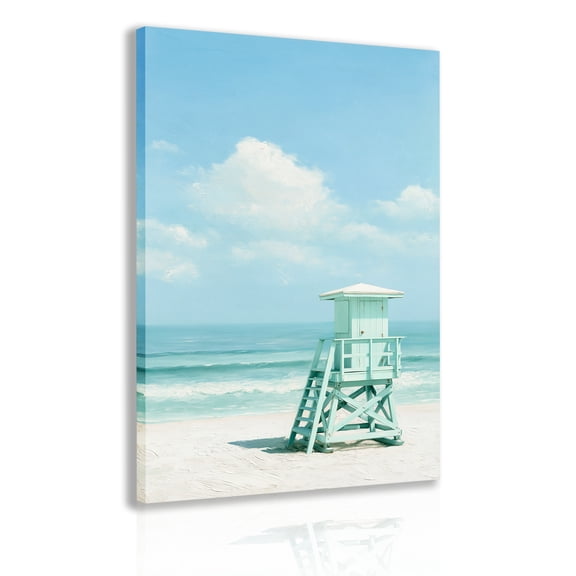 Vintage lifeguard tower, white sand beach, and turquoise ocean canvas wall art frame; summer seaside neutral color wall decoration; seaside villa artistic home decoration.