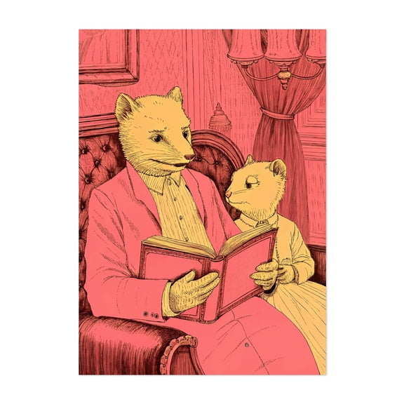 Vintage marten reading a book to a young marten - Illustration Animal Reading Whimsical Surrealism Fox Sketch Unframed Wall Art Print 18 x 24 inches