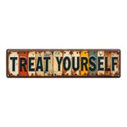 Vintage metal art 16*4 in rusty plate style motivational quote tin signs"TREAT YOURSELF" text wall plaques grunge wall decor stoner room decor garage embossed lettering