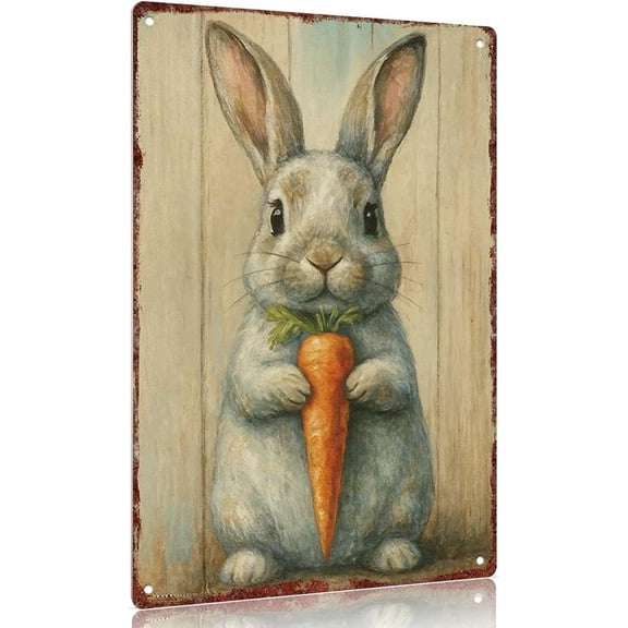 Vintage metal sign "Adorable Bunny with Carrot Decorative Sign - Perfect for Kitchen, Farmhouse, or Easter Wall Decor (12x8inch Aluminum)"