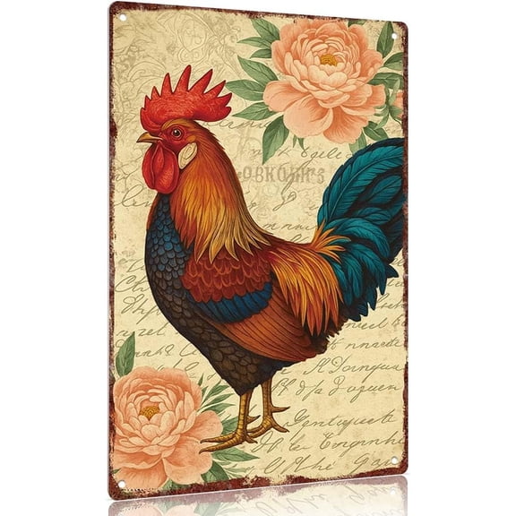 Vintage metal sign Colorful Rooster with Peony Flower Decorative Sign 12x8inch Aluminum Wall Art for Kitchen Farmhouse Decor