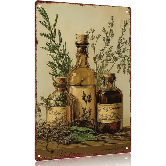 Vintage metal sign "Herbal Medicine Bottles with Plants Decorative Sign - 12x8inch Aluminum Wall Art for Home, Office, or Pharmacy Decor"