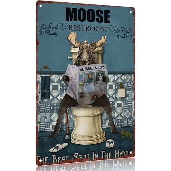 Vintage metal sign Moose Restroom Sign - Animal Newspaper Humor Wall Decor 12x8 inch Aluminum Signs for Bathroom Decorations