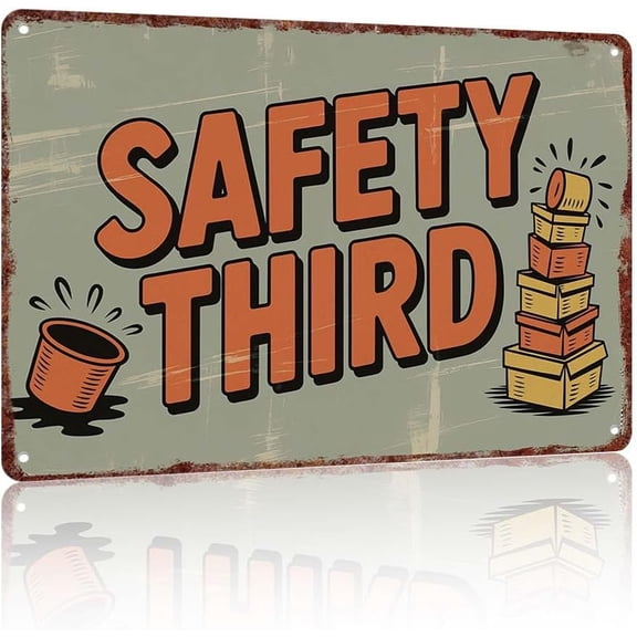Vintage metal sign Safety Third Warning Sign Aluminum Decorative Wall Art Poster 12x8 inch for Kitchen Office Restaurant Bar Cafe
