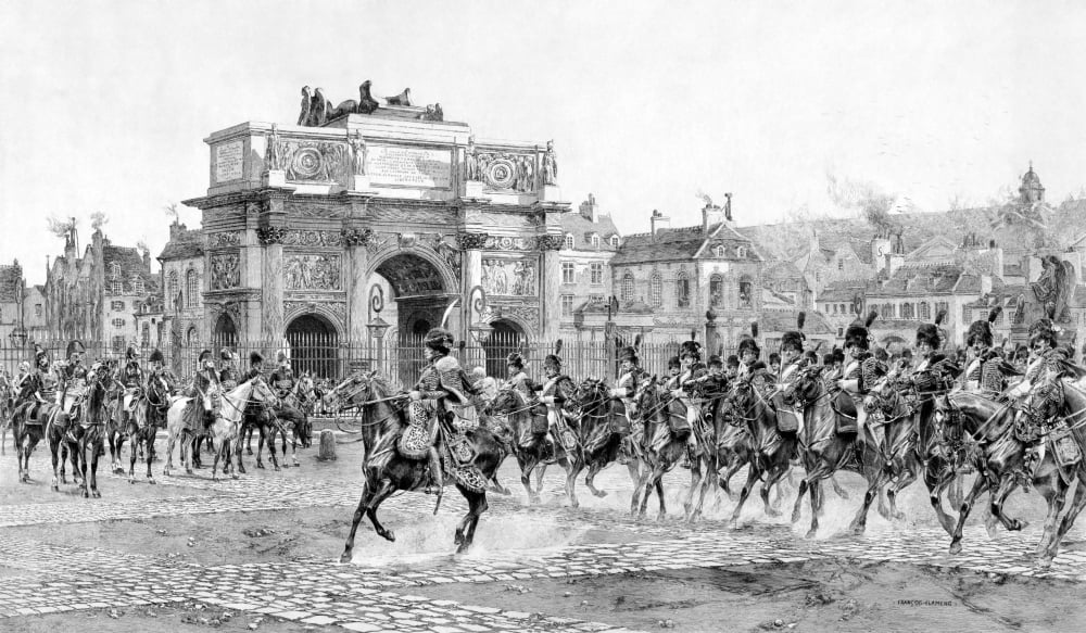Vintage military print of Napoleon I reviewing his troops Paris France Canvas Art - John ParrotStocktrek Images (19 x 11)