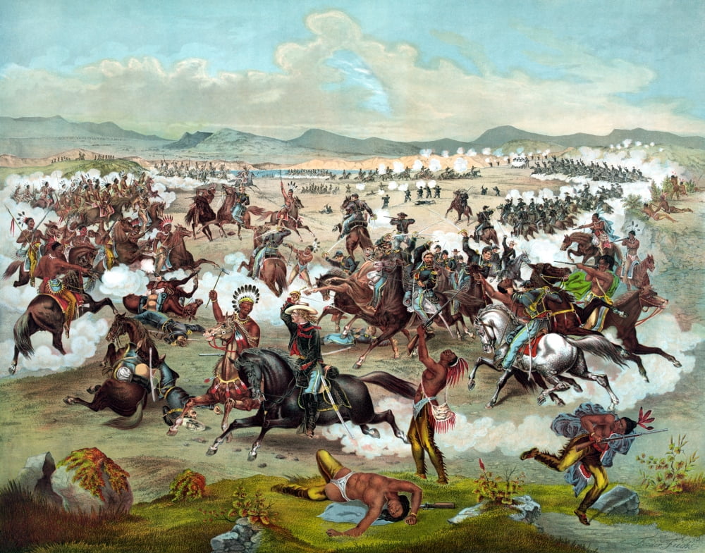 Vintage military print of The Battle of Little Bighorn Canvas Art - John ParrotStocktrek Images (32 x 25)