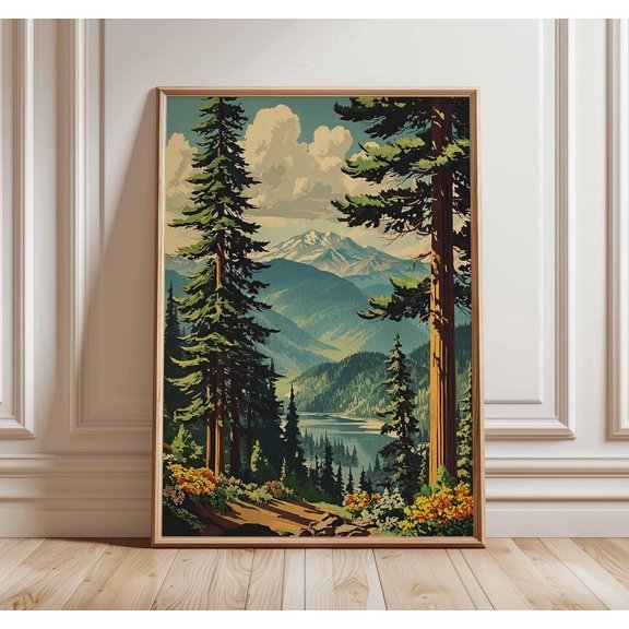 Vintage mountain lake forest landscape national park style poster Wall Art Decor 8x12 UNFRAMED