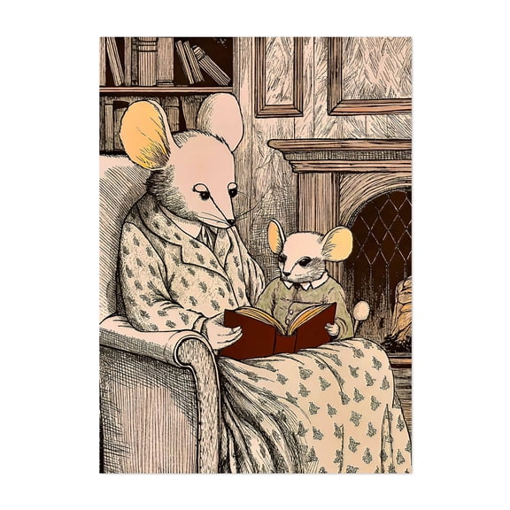Vintage mouse reading a book to a young mouse (10)_upscale - Illustration Reading Animal Whimsical Library Vintage Nostalgia Unframed Wall Art Print 5 x 7 inches