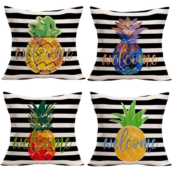 Vintage&nbsp;Pineapple Home Décor Spring Summer Decorative Pillow Covers Cotton Linen 18x18 Inch Welcome Quote Pillow Case Black White Stripe Background Cushion Cover Set of 4 (Pineapple 4PC)