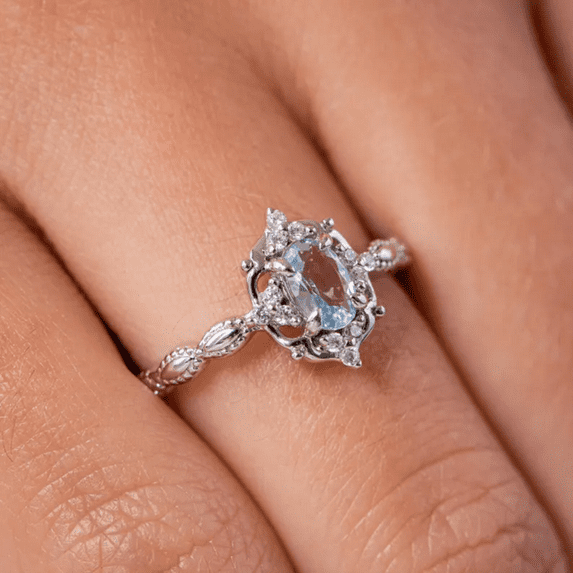 Vintage oval Cut Aquamarine & White Diamond Wedding Ring For Women - Anniversary Ring For Wife