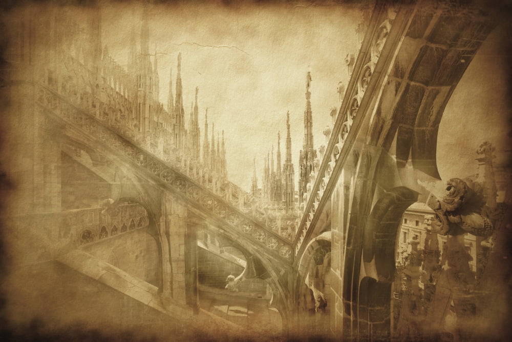Vintage photo of architectural elements on a church roof in Milan Italy Canvas Art - Evgeny KuklevStocktrek Images (35 x 23)