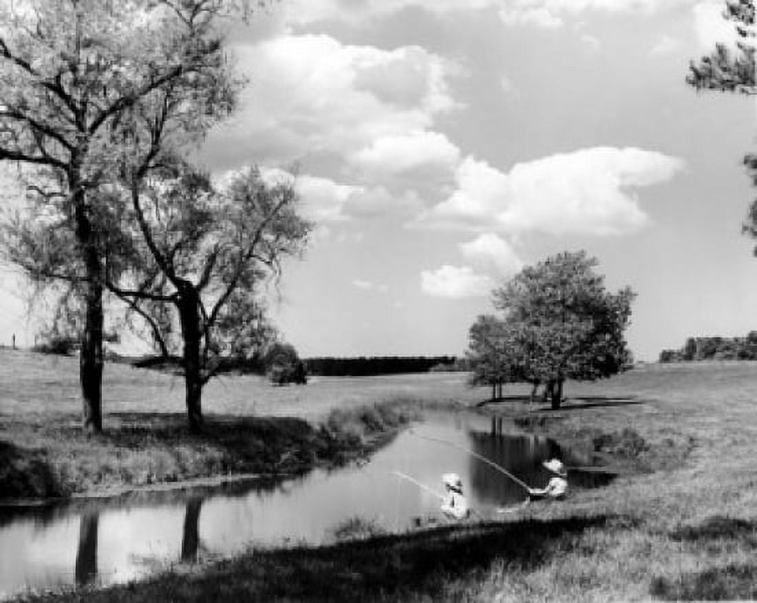 Vintage photograph of boy and girl and boy wearing straw hats fly-fishing in rural landscape Canvas Art - (18 x 24)
