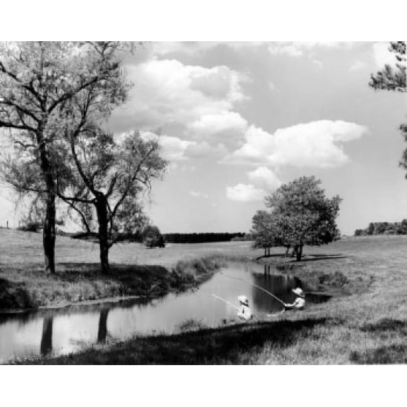 Vintage photograph of boy and girl and boy wearing straw hats, fly-fishing in rural landscape Poster Print (18 x 24)