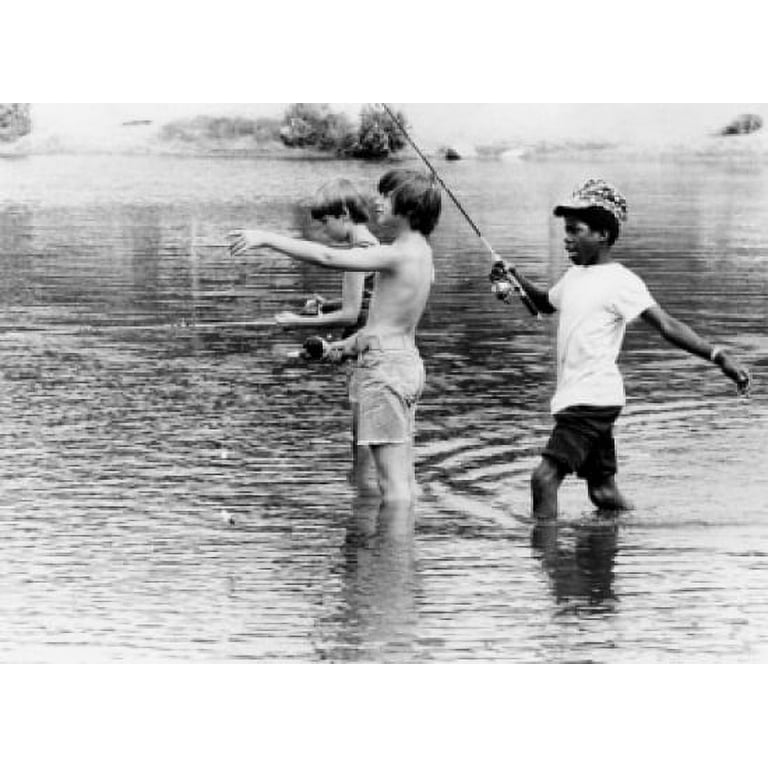 Vintage photograph of boys standing in water, fly-fishing Poster Print (24  x 36) 