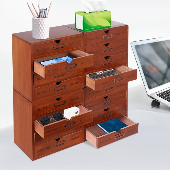 Vintage pine wood desk apothecary cabinet, 4 pieces with 16 drawers, metal label holders, space-saving design, stackable, perfect for organizing jewelry, documents, and more