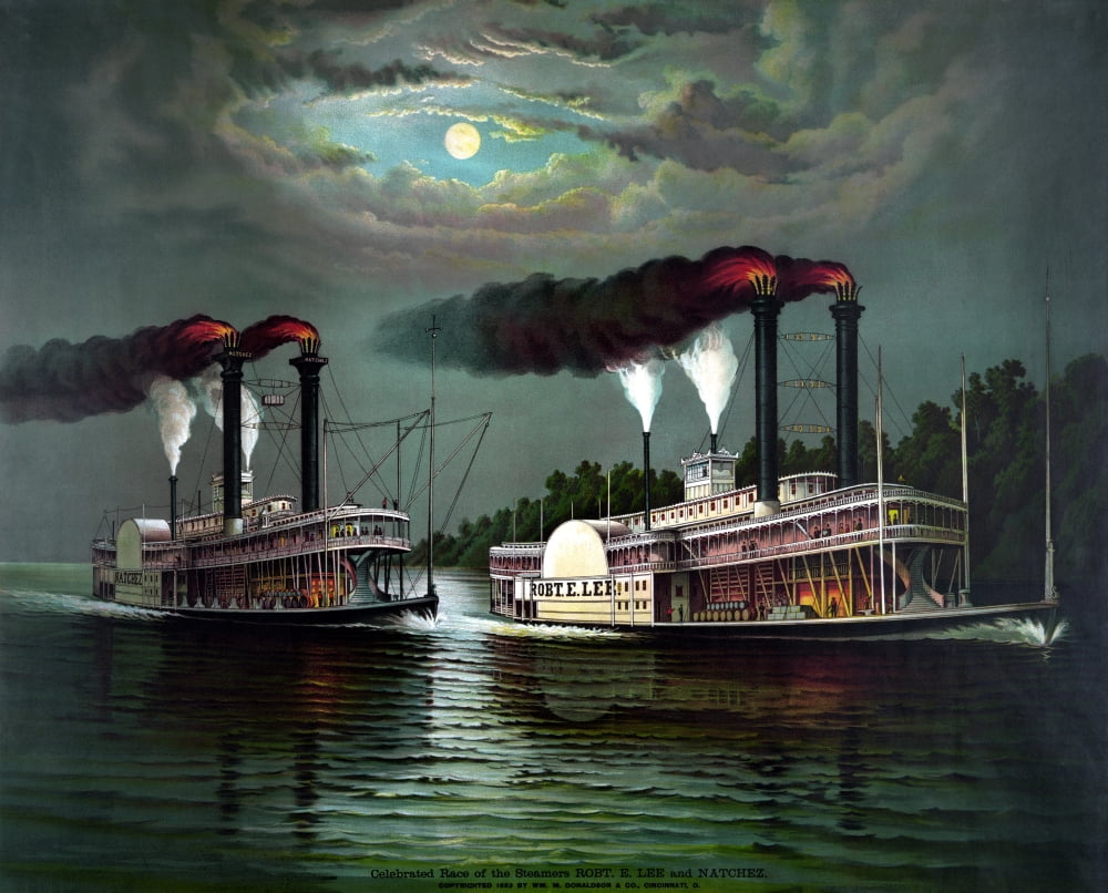 Vintage print featuring the race of steamboats Robert E Lee and Natchez Canvas Art - John ParrotStocktrek Images (16 x 13)