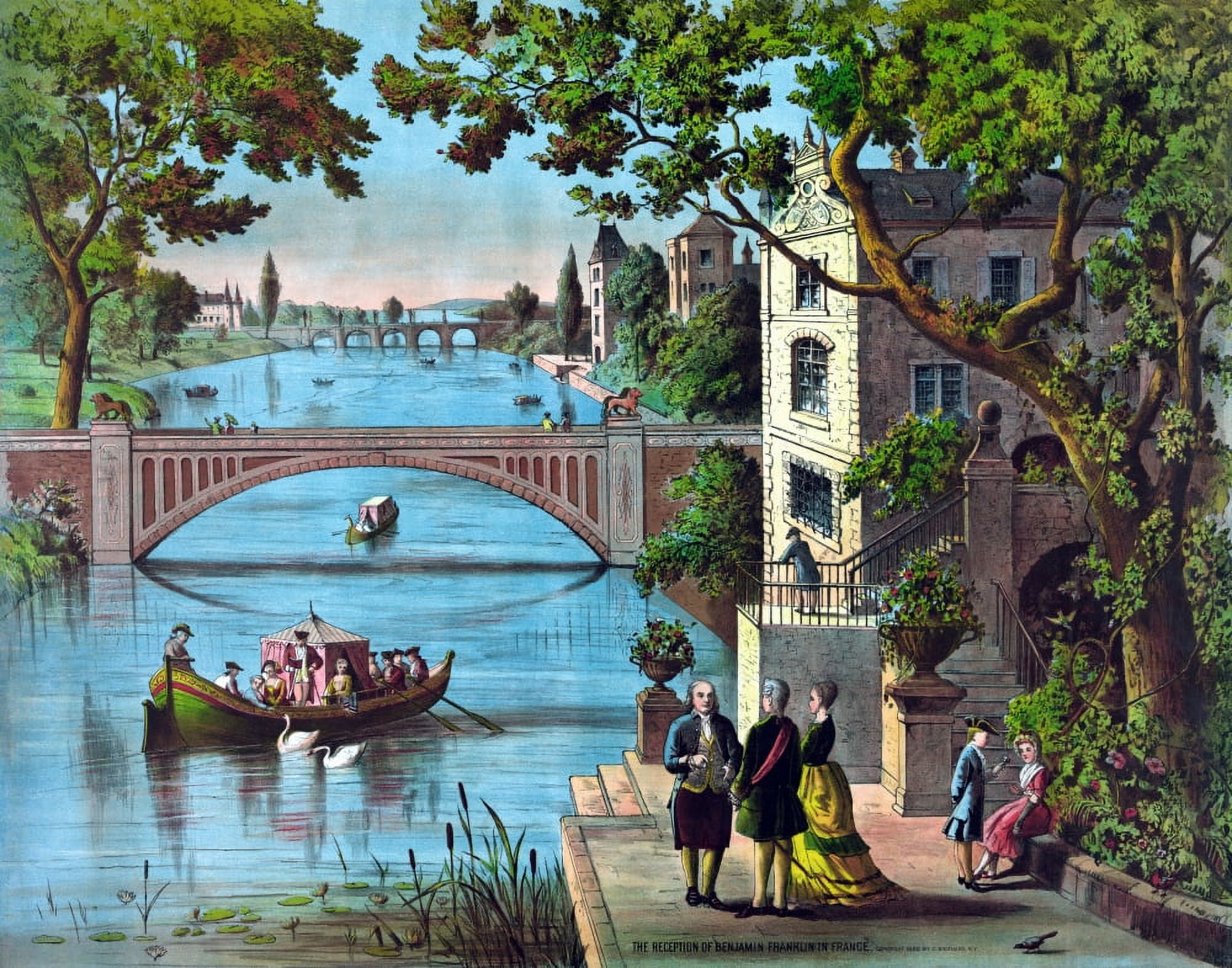 Vintage print of Ben Franklin being greeted along the bank of a river in France Canvas Art - John ParrotStocktrek Images (32 x 26)