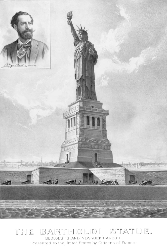 Vintage print showing The Statue of Liberty and a portrait of it¬´‚Ä†¬´s sculptor Canvas Art - John ParrotStocktrek Images (12 x 18)