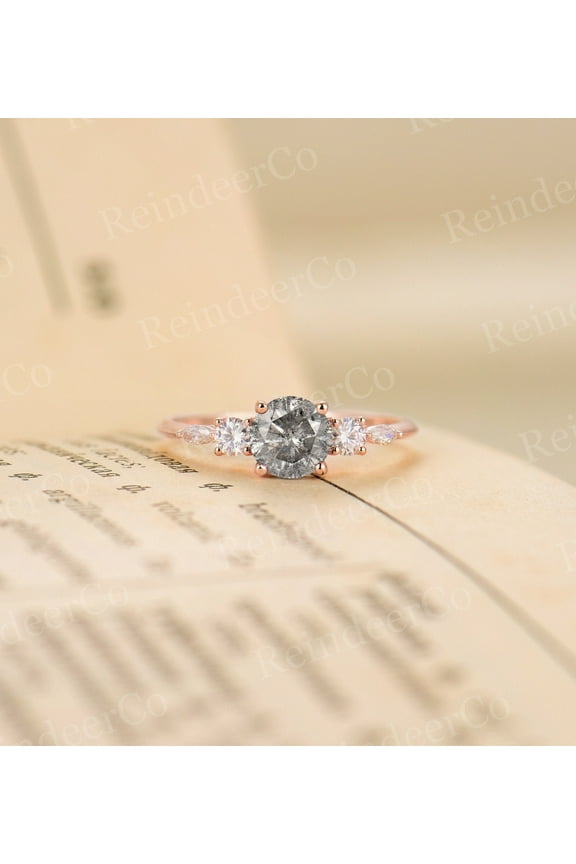 Vintage round cut salt and pepper Lab diamond engagement ring|Art deco rose gold Plated promise ring