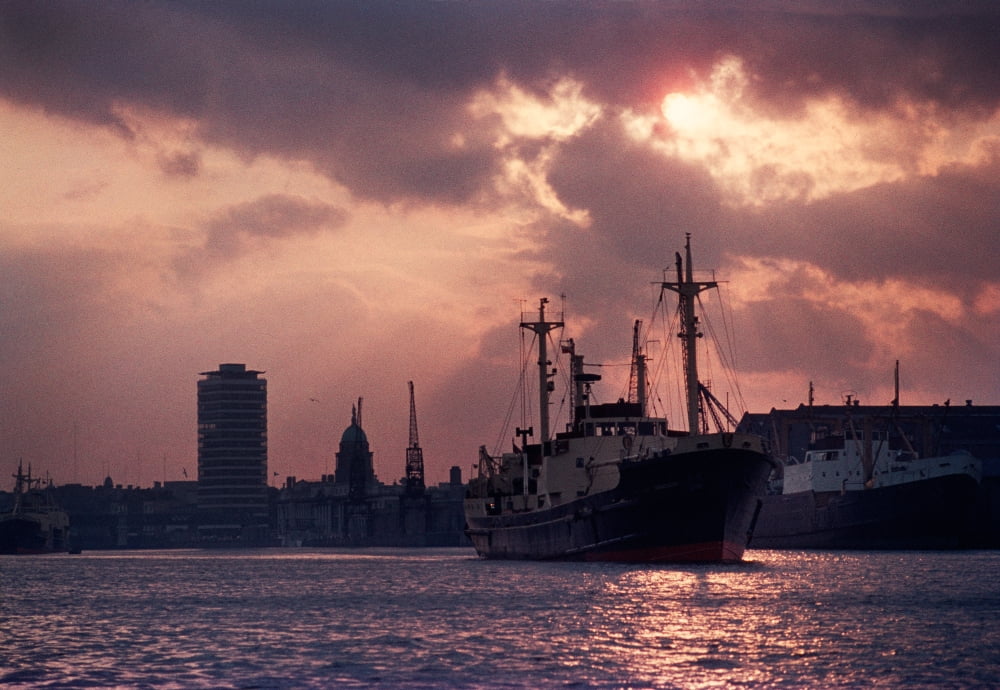Vintage shot of the Guinness Boat Lady Gwendolen pre 1977 On the River Liffey with Liberty Hall and Custom House Dublin City Ireland Canvas Art - Panoramic Images (25 x 36)