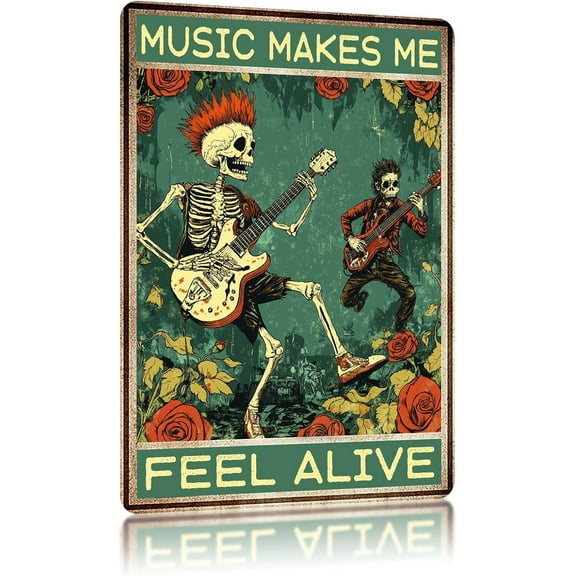Vintage skeleton Metal Tin Signs Music Makes Me Feel Alive Funny Aluminum Sign Retro Wall Decor for Hippy Room Home Teen 8×6 Inch