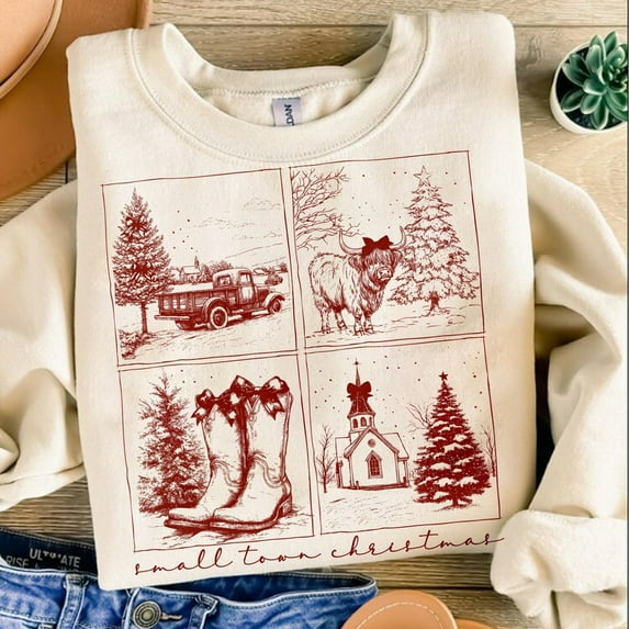 Vintage small town christmas Sweatshirt, Cowgirl Sweatshirt, Small town girl Christmas Sweatshirt, highland cow Christmas Sweatshirt, Christmas western Sweatshirt