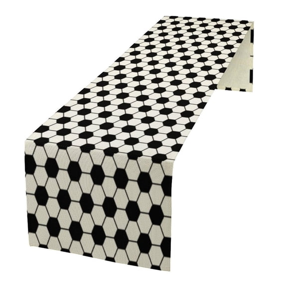 Vintage soccer table runner, football game days seasonal decor, sports theme birthday party table decoion, home kitchen dining room accessory, white and black, 13x36 inches