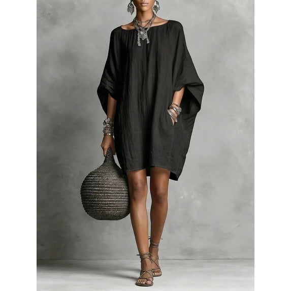 Vintage solid color elegant long-sleeve off-shoulder midi casual cotton-linen dress
