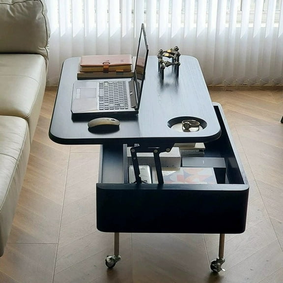 Vintage solid wood lift coffee table modern household mobile folding multi-function storage living room bedroom