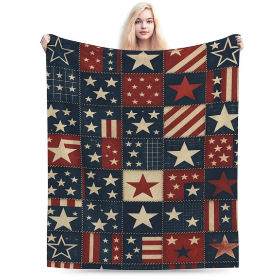 Vintage star print patchwork blanket, country style design, red, blue and beige, soft and lightweight for home, patriotic decor, 50x40