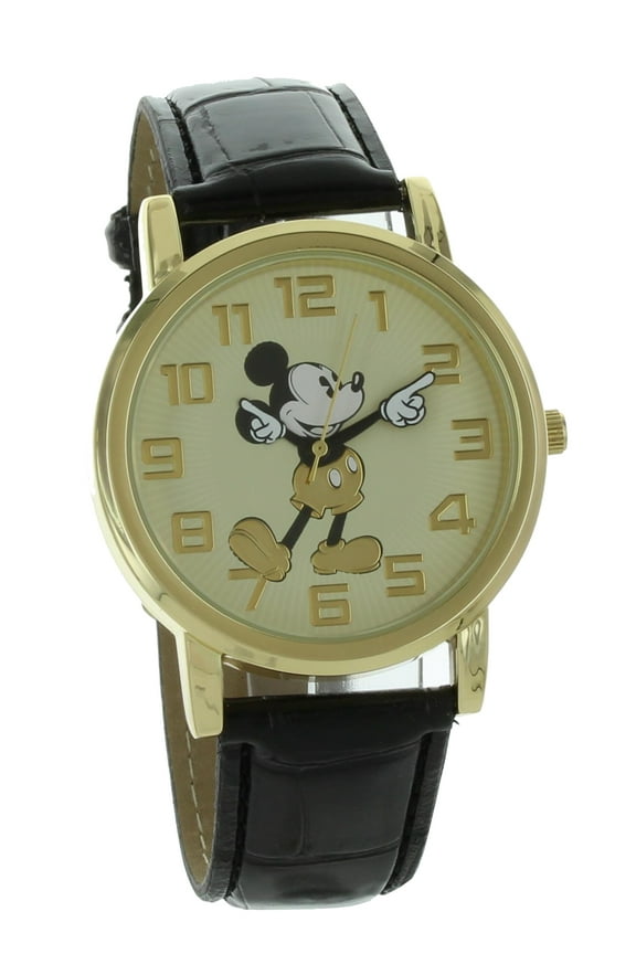 Vintage style Mickey Mouse watch gold tone black band easy to read MK1458