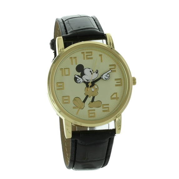 Vintage style Mickey Mouse watch gold tone black band easy to read MK1458