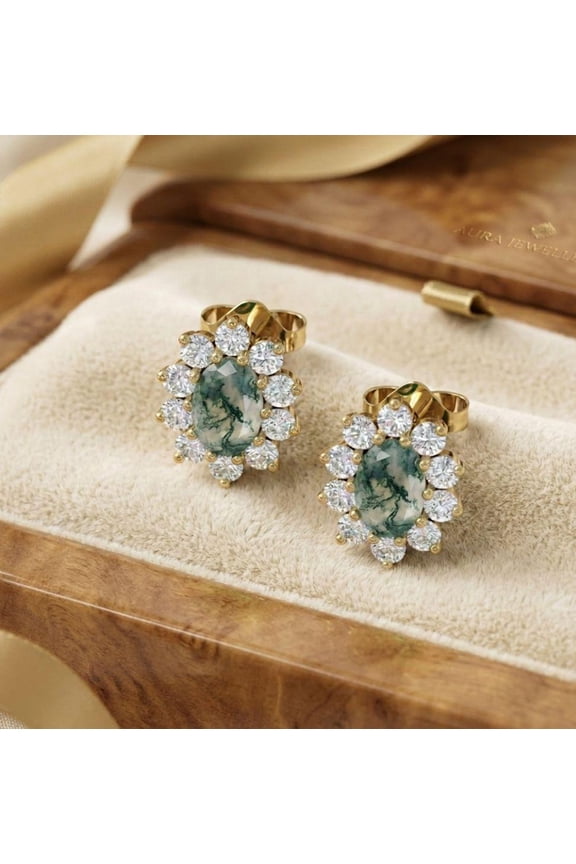 Vintage style Oval Natural Moss Agate Stud Earrings With Sparkling Diamond Accents Luxury Everyday Earrings Delicate Birthstone Gift For Her