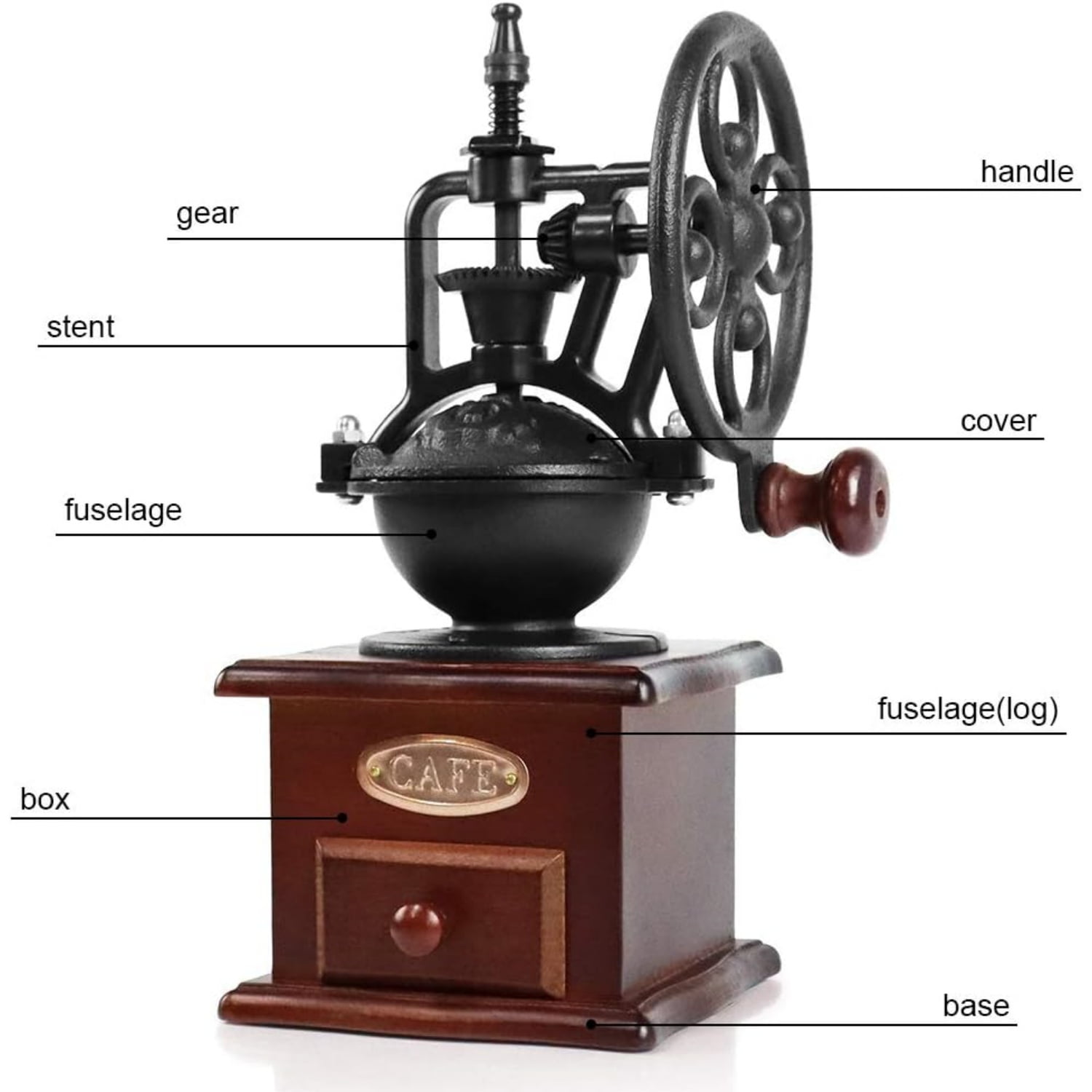 Vintage style manual coffee grinder, wooden coffee grinder, drum grain grinder, hand cranked coffee grinder - Classic