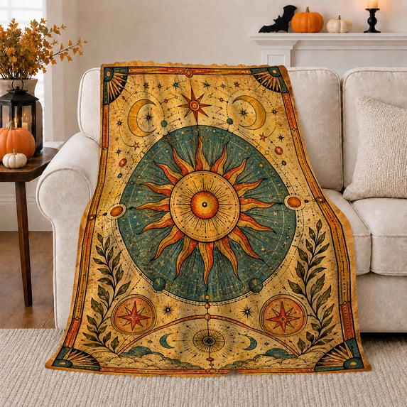 Golden Sun Within Teal Circle Among Celestial Motifs for Celestial Art Enthusiasts, Mystical Vintage Home Decor for Living Room and Study, Housewarming Gift with Cozy Flannel Blanket
