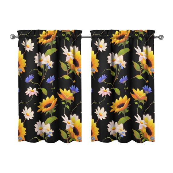Vintage the Small Daisy Sunflower Is Black Tier Kitchen Curtains for Bathroom Living Rod Pocket Window Drapes 28"x39" 2 Panels Window Treatment Tiers
