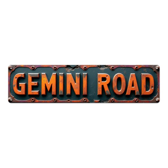 Vintage tin signs 16*4 in rusty metal street plaque for home"GEMINI ROAD text on rusted green background" indie room decor trippy room decor grunge wall decor garage embossed lettering