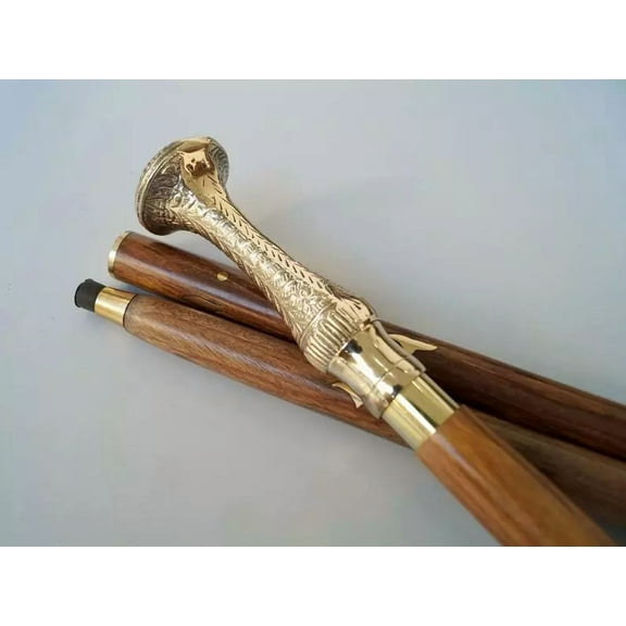 Vintage walking brass designer handle brown wooden walking stick brass inlaid