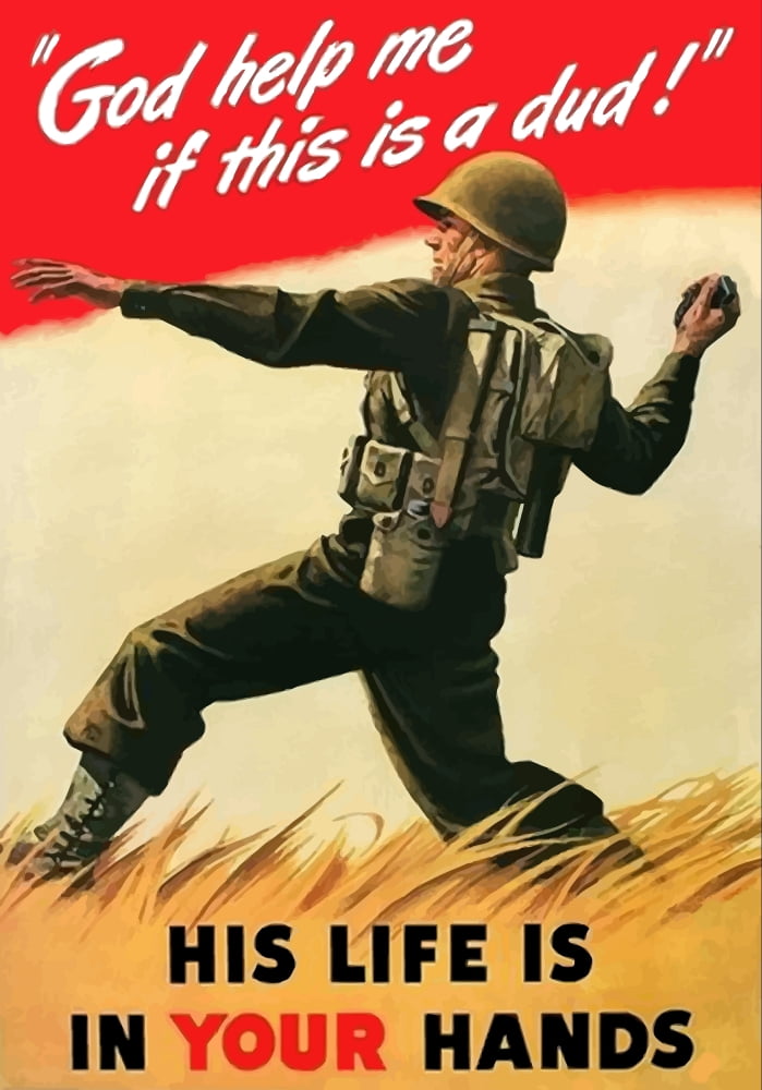Vintage war poster of an American Soldier tossing a grenade Canvas Art - John ParrotStocktrek Images (24 x 34)
