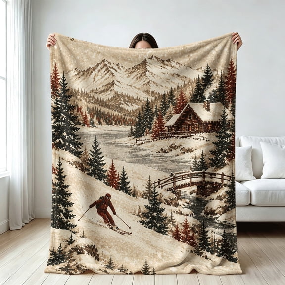 Vintage winter landscape blanket for ski lovers,Soft Flannel Throw Blanket, Festive Gifts, gift for Birthday, Christmas, Holiday, Anniversary, Ski Sports Lovers, Home Deco, Four Seasons Universal