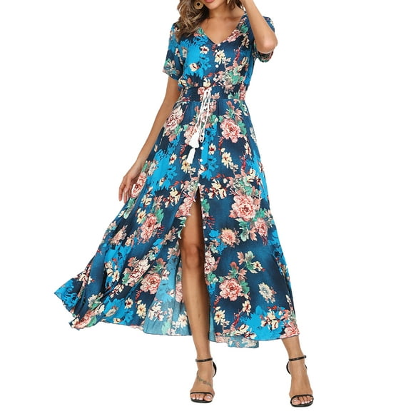 VintageClothing Women Boho Floral A Line Short Sleeve Maxi Dress Loose Vacation Beach Long Dress Blue L