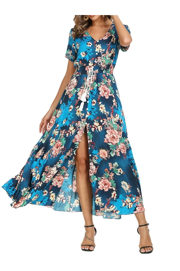 Women Boho Floral A Line Short Sleeve Maxi Dress Loose Vacation Beach Long Dress Blue L