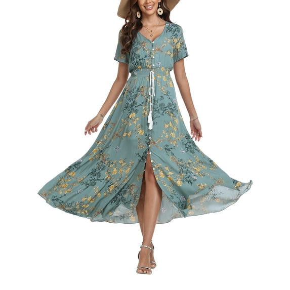 VintageClothing Women Boho Floral A Line Short Sleeve Maxi Dress Loose Vacation Beach Long Dress Green XL