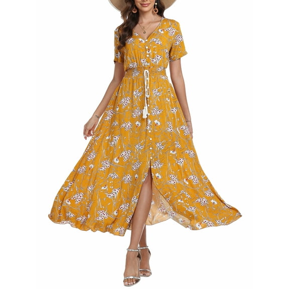 VintageClothing Women Boho Floral A Line Short Sleeve Maxi Dress Loose Vacation Beach Long Dress Yellow L