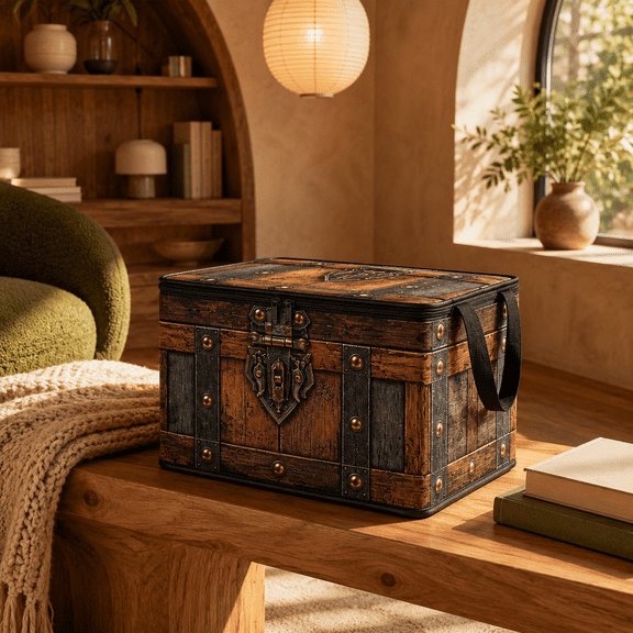 VintageTreasure Chest Print Foldable Storage Box, Nonwoven Bin with Zipper Handles for Clothes Toys Books and Closet Brown 16.54x11.81x11.81in