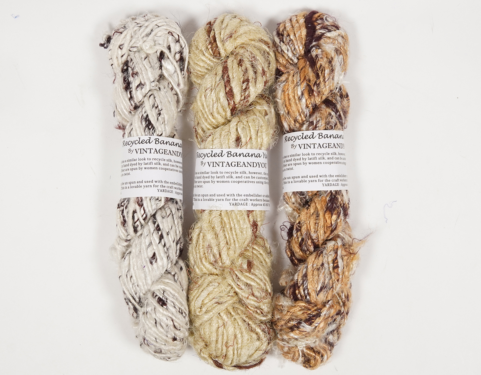 Vintageandyou 300g Recycled Banana Silk Yarn Skein - Pack of 3 | Natural Color Hand-Spun Viscose Banana Fiber Yarns for Knitting, Art Weaving & DIY Crafts - Soft Textured Yarn (Natural)