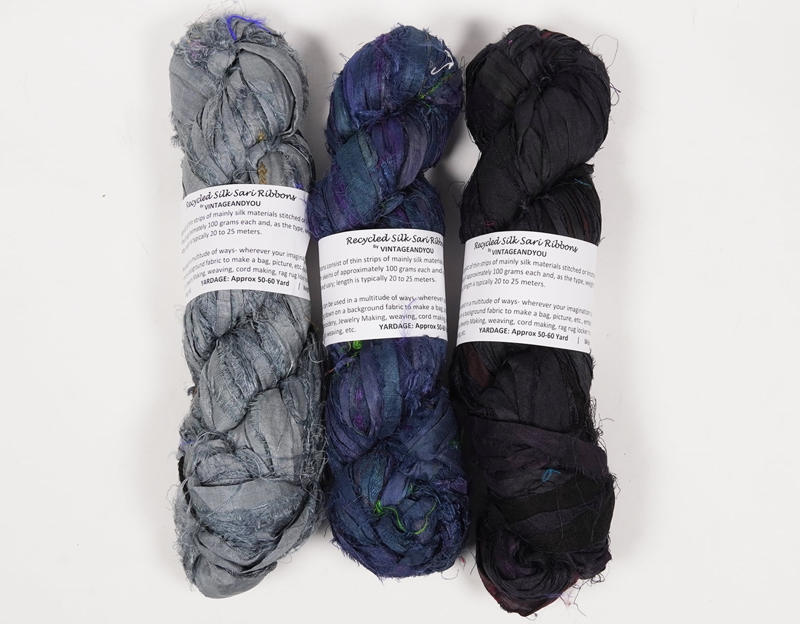 Vintageandyou 300g Recycled Sari Silk Ribbon Yarn | Pack of 3 Upcycled Silk Skeins | Handcut & Hand Joined Ribbon for Crochet, Macram, Weaving, Knitting, Jewelry Making & Fiber Art | Blue